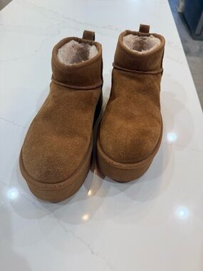 UGG Ultra Mini Chestnut Suede Faux-Fur Platform Ankle Boots